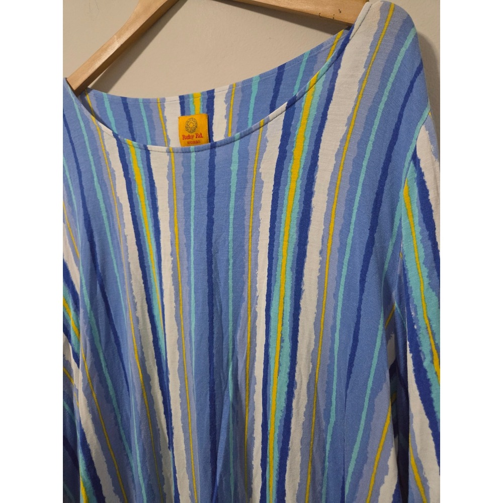 Ruby Rd Woman Blue Yellow Vertical Stripe Bell Sleeve Knit Top 3X Plus Size - Picture 2 of 4